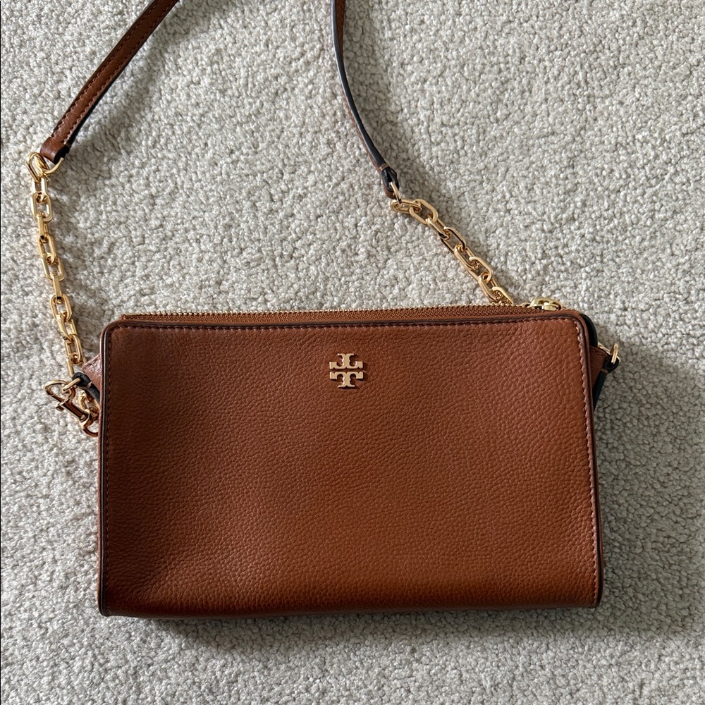 Tory Burch Cognac Pebbled Leather Crossbody with Gold Hardware